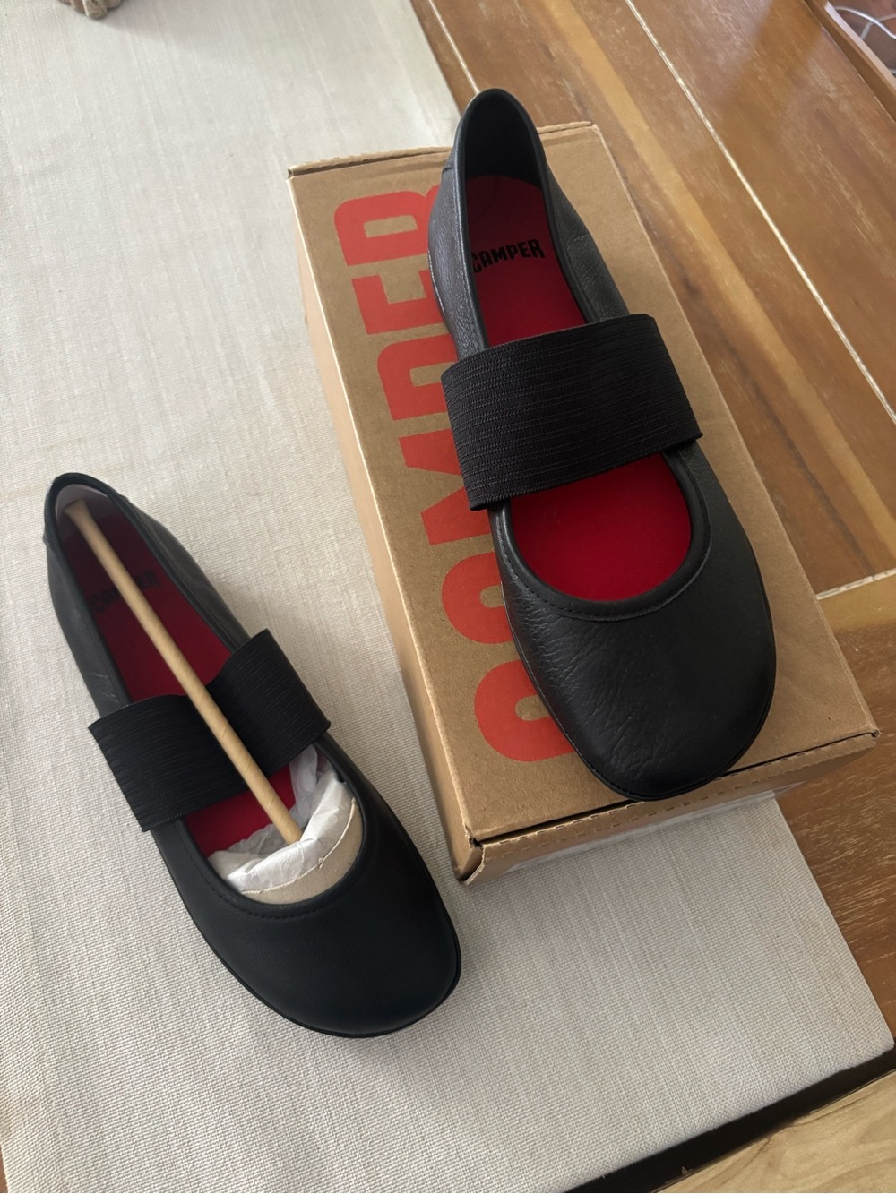 Camper Right Nina Black Slip-On Mary Jane Flats with Elastic Strap